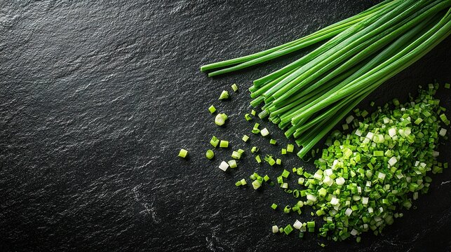 Chopped chives on dark slate background, culinary herb garnish