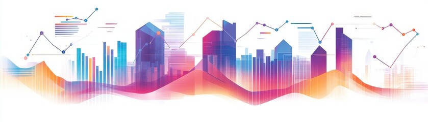 Vibrant city skyline with abstract data visualization elements and trends.