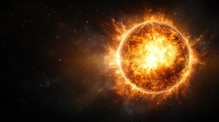 Fiery star in space, cosmic energy, stellar explosion, dark background, science fiction