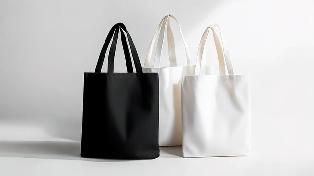 Black and white tote bag mockup on a light background