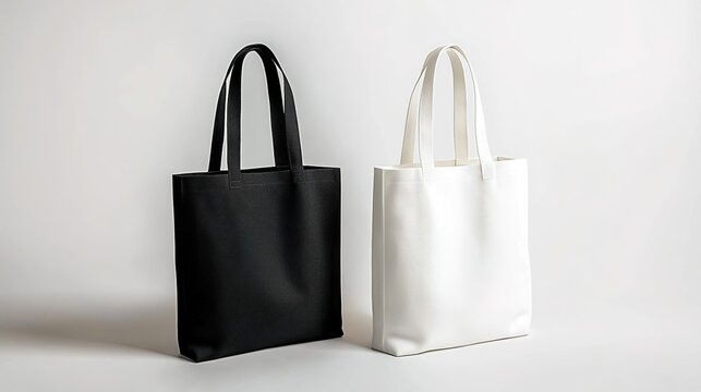 Black and white tote bag mockup on a light background