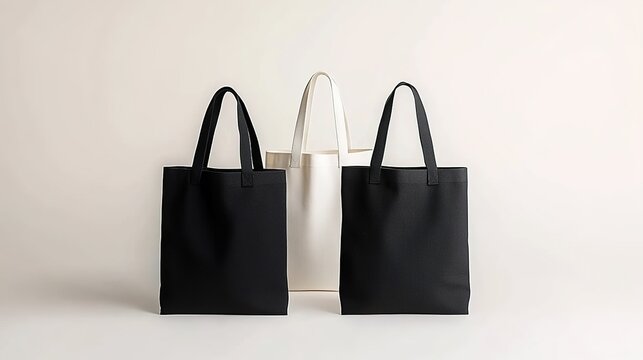 Black and white tote bag mockup on a light background