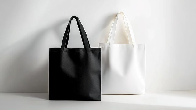 Black and white tote bag mockup on a light background