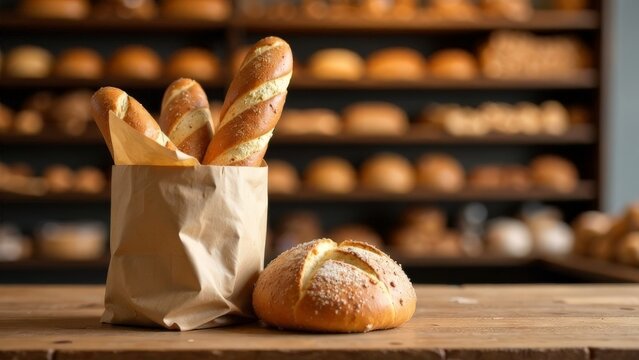 On a wooden countertop in a supermarket there is a bag of fresh bread and copy space for text.