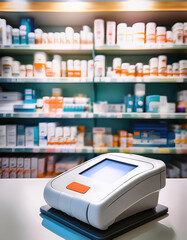 Digital medical device on a counter in a pharmacy