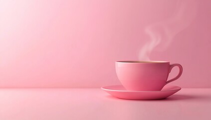 Fototapeta premium Photo of a pink cup with steam rising from it on a solid background, representing the warmth and energy associated with coffee.