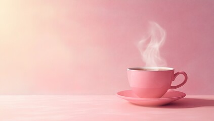 Fototapeta premium Photo of a pink cup with steam rising from it on a solid background, representing the warmth and energy associated with coffee.
