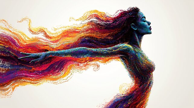 Waacking dancer striking over the shoulder pose pixelated vector illustration with vibrant colors swirling in abstract patterns on a white backdrop