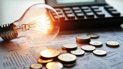 A light bulb on top of electricity weddingUNT, calculator and coins around it. The background is an electrical bill with lights turned off.