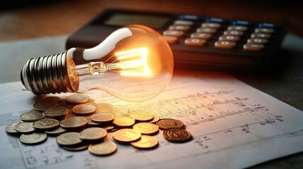 A light bulb on top of electricity weddingUNT, calculator and coins around it. The background is an electrical bill with lights turned off.