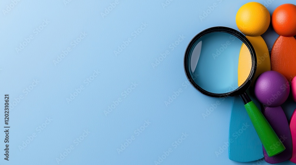 Poster Exploring colorful magnifying glass with abstract shapes on blue background creative design digital art modern environment
