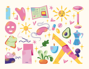 Wellness and self-care items morning routine with yoga, skincare, and healthy lifestyle elements. Flat cartoon style vector illustration. Self-care and mindfulness connect