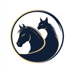 Dark horse and cat silhouettes in a circle, simple graphic for logo or icon