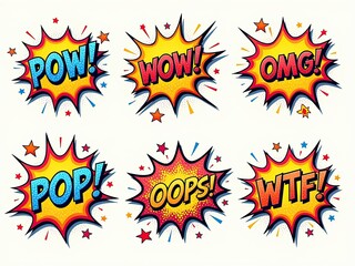 A collection of vibrant comic-style speech bubbles featuring different exclamations like