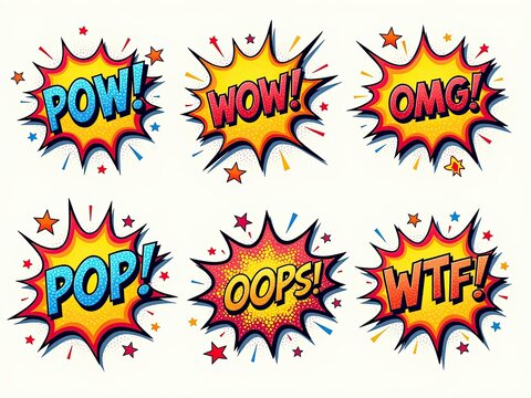 A collection of vibrant comic-style speech bubbles featuring different exclamations like