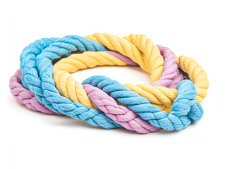 Colorful dog rope toy made of braided fabric, ideal for playtime and promoting dental health in pets.