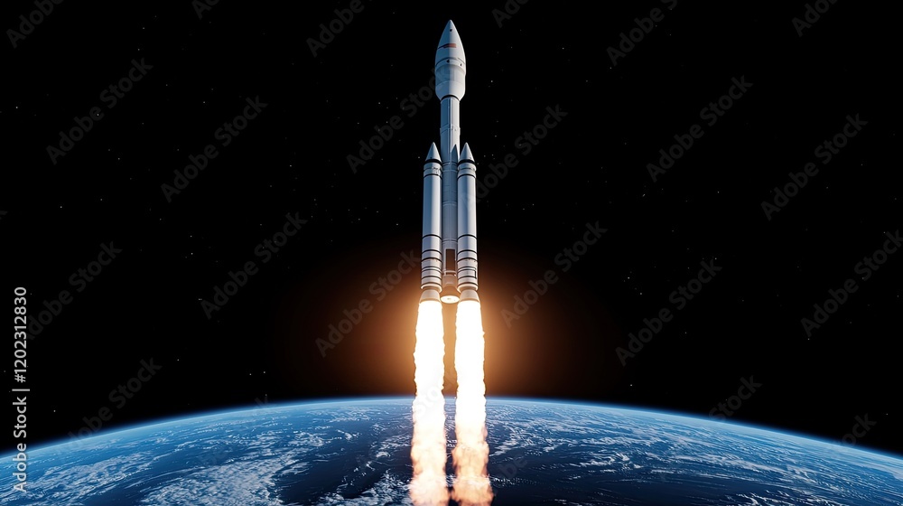 Poster rocket launch event earth orbit space exploration cosmic environment dynamic viewpoint technological