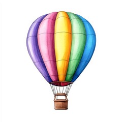 A brightly colored hot air balloon is suspended against a white background, showcasing vibrant tones that evoke a sense of adventure and freedom, Ideal for travel, adventure, or celebration themes,