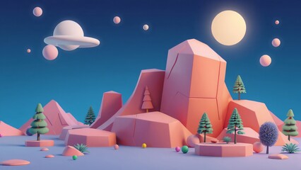 Surreal Low-Poly Landscape with Flying Planet and Moon