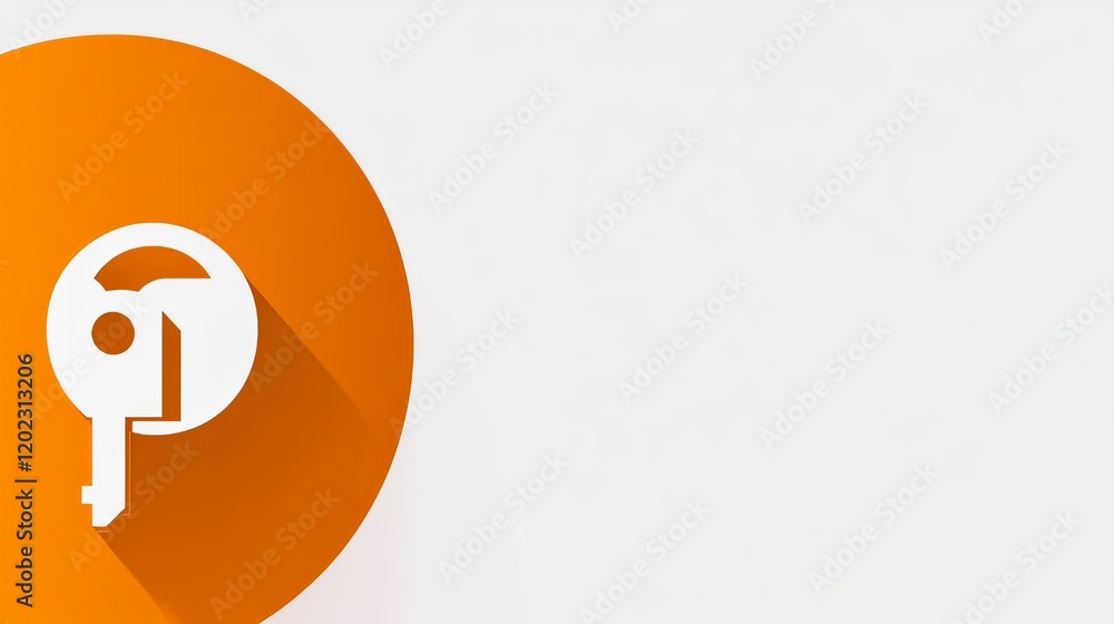 Poster orange circle with rounded corners featuring a white key icon on the left side, simple and modern de