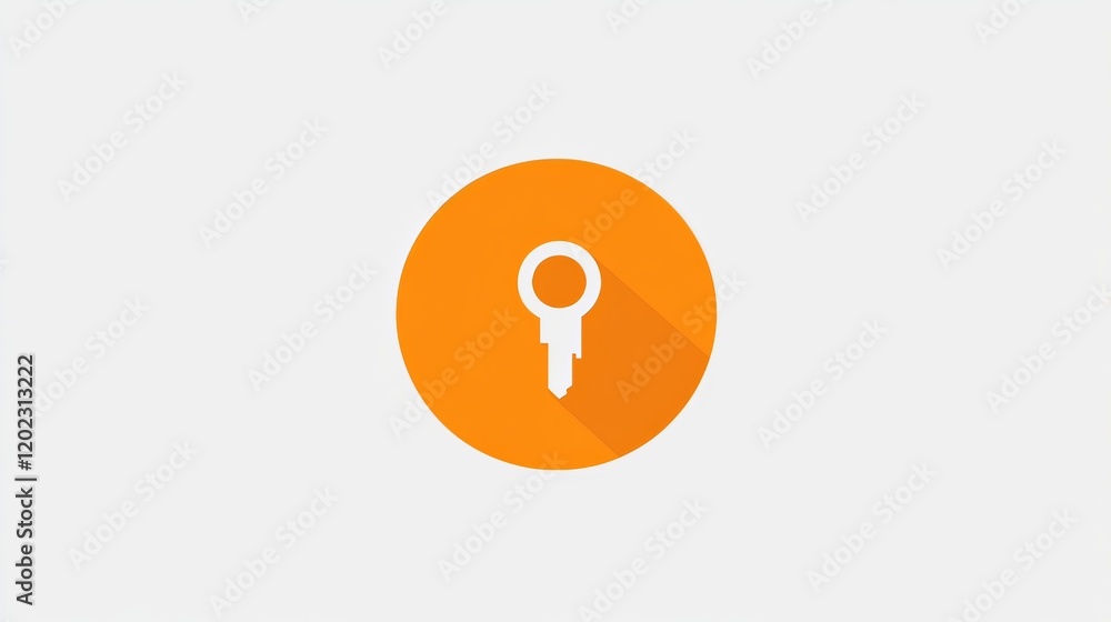 Poster orange circle with rounded corners featuring a white key icon on the left side, simple and modern de