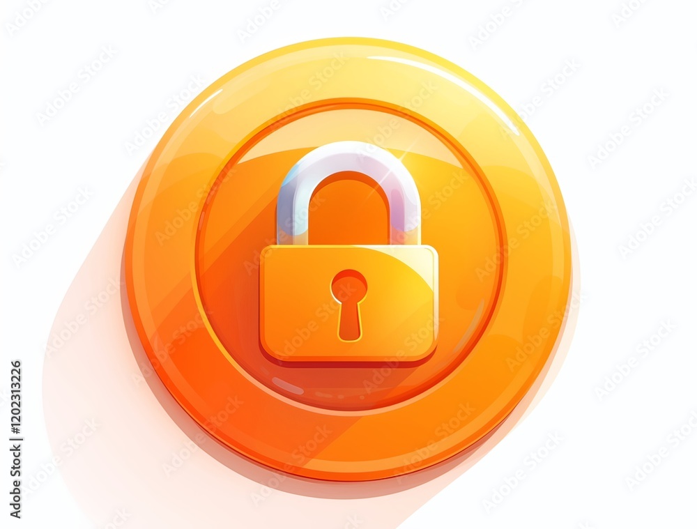 Poster simple orange circle button with rounded corners, featuring a white lock and key icon on the left, s