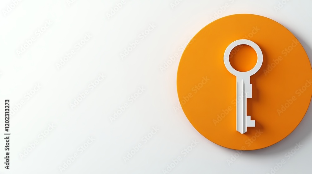 Poster orange circle with rounded corners featuring a white key icon on the left side, simple and modern de