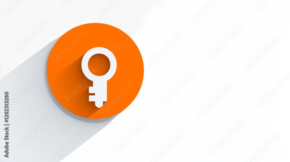Poster orange circle with rounded corners featuring a white key icon on the left side, simple and modern de