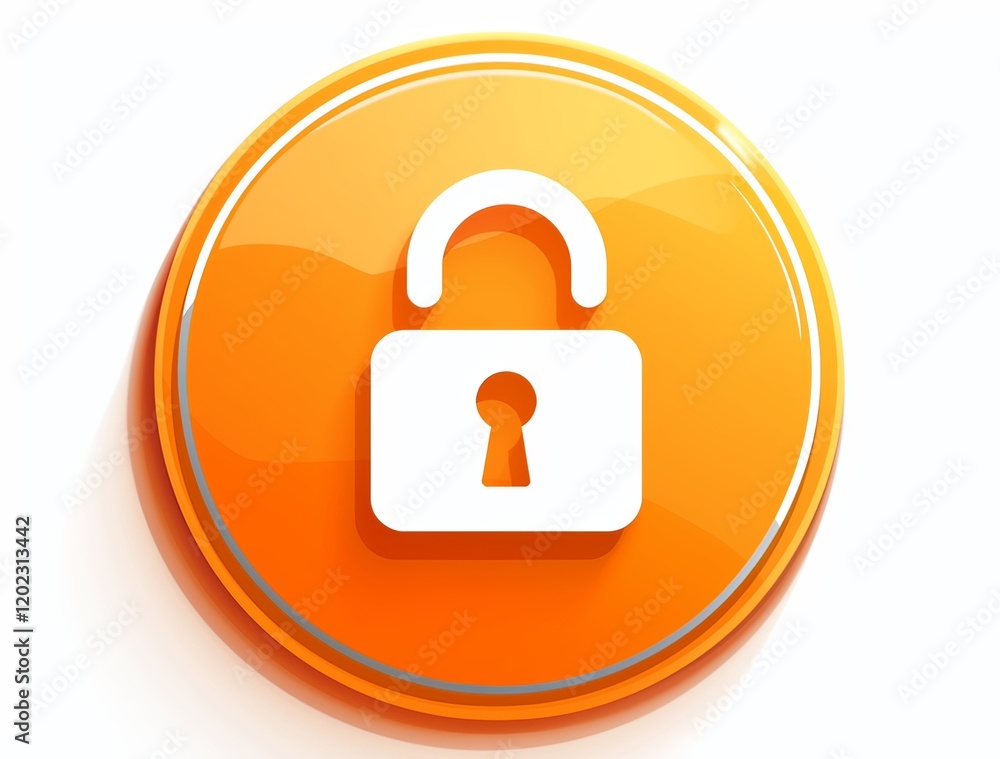 Poster simple orange circle button with rounded corners, featuring a white lock and key icon on the left, s