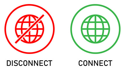 Set of connect and disconnect internet connection icons. Globe icon with no signal and good signal sign symbol. Internet connection online and offline sign icon. Vector illustration.
