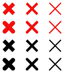 Cross mark icon collection. Set of cross x mark vector icons red and black color. Wrong mark sign. Cross x symbol. Cross x for check box. False icons. Reject and cancel isolated vector illustration.