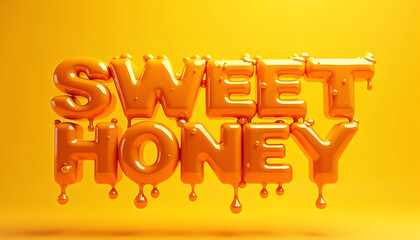 3D text "Sweet Honey" with dripping honey effect on bright yellow background for food concepts
