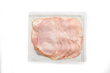 cooked ham sliced in a package cut out on a white background. Top view. packaging template mockup...