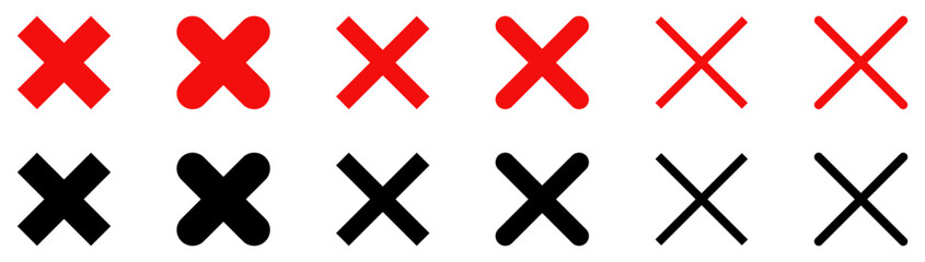Cross x mark icon collection. Set of cross x mark vector icons red and black color. Wrong mark sign symbol. Cross sign. Cross x for check box. False icon symbol. Reject and cancel vector illustration.