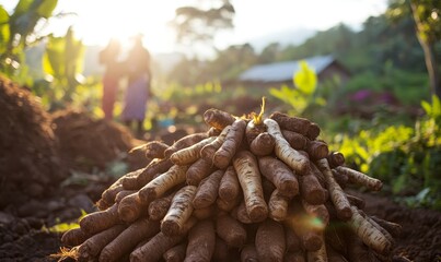 Rural Harvest Farmers and Freshly Harvested Root Crops