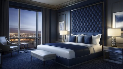 夜景が望めるエレガントなネイビーブルーの高級ホテルのベッドルーム | Elegant Navy Blue Luxury Bedroom with City Night View