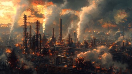 Industrial Nightscape A Cityscape Dominated by Smokestacks and Industrial Activity at Sunset