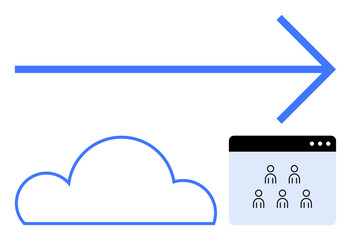Blue arrow connects cloud shape to a user interface with people icons, symbolizing cloud storage, data sharing, or migration. Ideal for IT, teamwork, data flow, networking, cloud computing