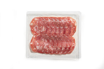 salami sliced in a package cut out on a white background. Top view. packaging template mockup collection