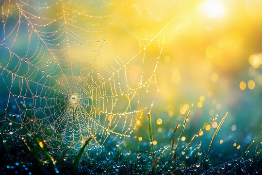 Misty morning with dewdrops on a spider web sparkling in the early spring sunlight creates a tranquil atmosphere in nature
