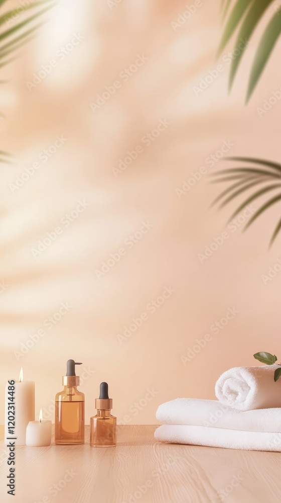 Poster tropical spa composition featuring essential oil, burning candles and white towels on a wooden table
