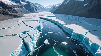 Stunning aerial view of a glacial river flowing through a fractured ice sheet in the Arctic. Breathtaking landscape photography.