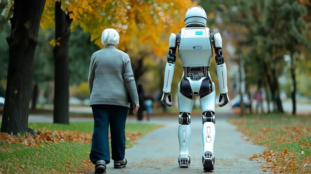 A robotic companion strolls leisurely with an elderly woman in park amidst vibrant autumn foliage, showcasing companionship and technology