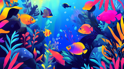Fototapeta premium Brightly colored aquarium fish swimming in a vibrant underwater world with lush plants and rocks. generative ai. Shimmering Underwater World. Illustration