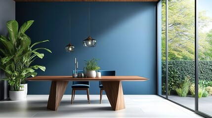 Modern dining room with a blue wall and wooden table, featuring an interior design with an asymmetrical composition