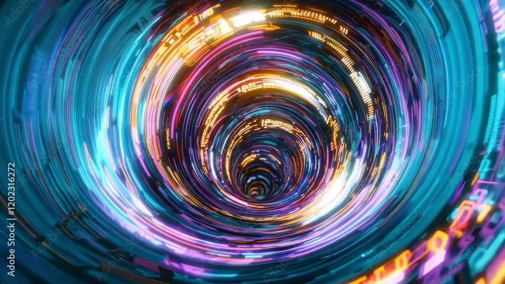 Poster a mesmerizing journey through a dynamic vortex filled with vibrant neon colors and abstract designs,