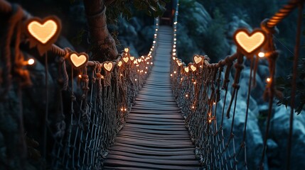 Obraz premium Narrow rope bridge spanning a canyon, decorated with heart-shaped vines and romantic lighting casting soft shadows, gentle evening wind