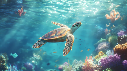 Fototapeta premium Majestic sea turtle glides gracefully through a vibrant underwater world filled with colorful corals and shimmering fish, showcasing the beauty of ocean life. Shimmering Underwater World. Illustration