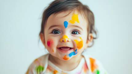 Baby with a painted face on Holi