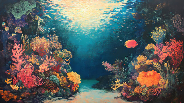 Mystical underwater scene: dive into a captivating underwater world filled with vibrant coral reefs, shimmering light, and the promise of hidden wonders. Shimmering Underwater World. Illustration